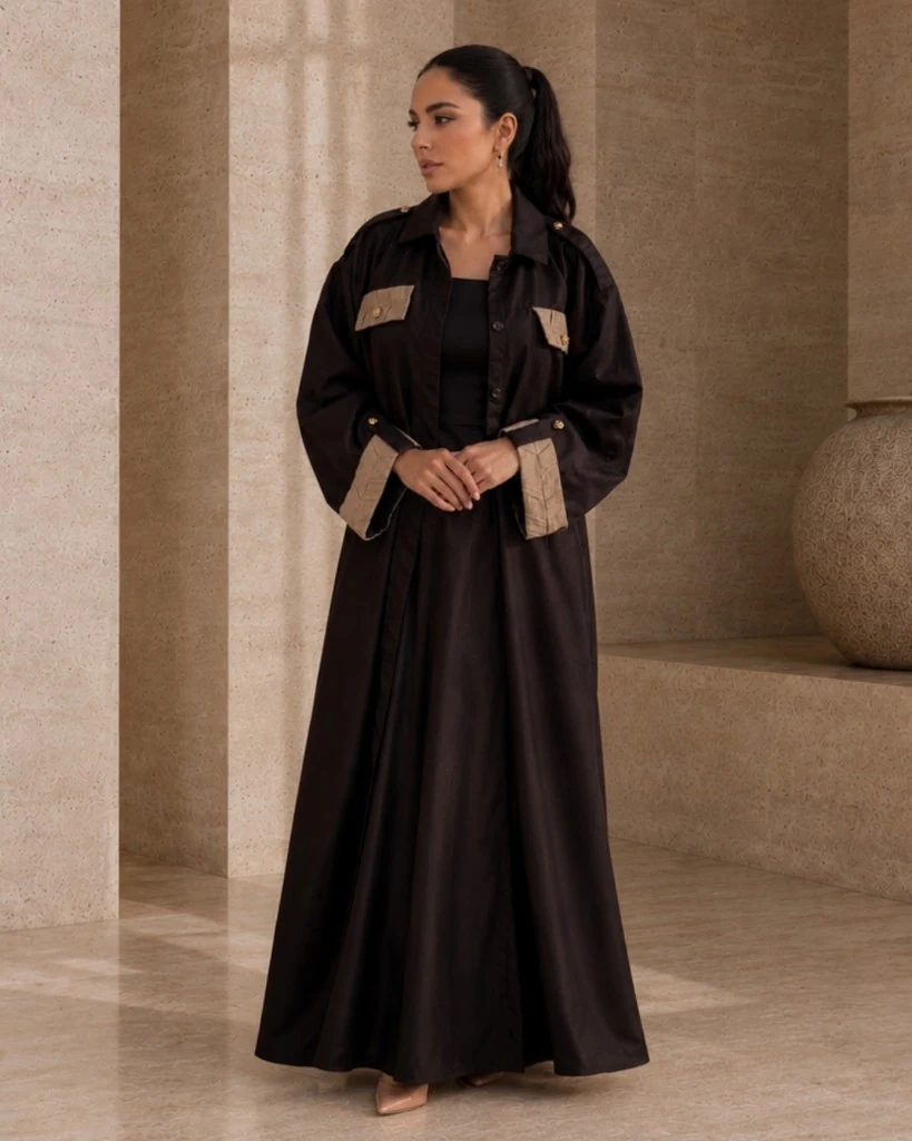 Imej gaya hidup sepanjang badan Knightsbridge Khous Jacket Abaya Bint Saeed dalam Dark Brown — siluet jaket terbuka di pedalaman batu, mempamerkan butiran tenunan terinspirasi Khous pada poket dada dan cuff dengan butang emas Knotted Line signature. Outerwear sopan Emirati kontemporari dan kraf warisan Al Khous dari Abu Dhabi, Emiriah Arab Bersatu. Dihasilkan di Abu Dhabi. Penghantaran ke seluruh dunia. Bint Saeed Abu Dhabi, Emiriah Arab Bersatu.