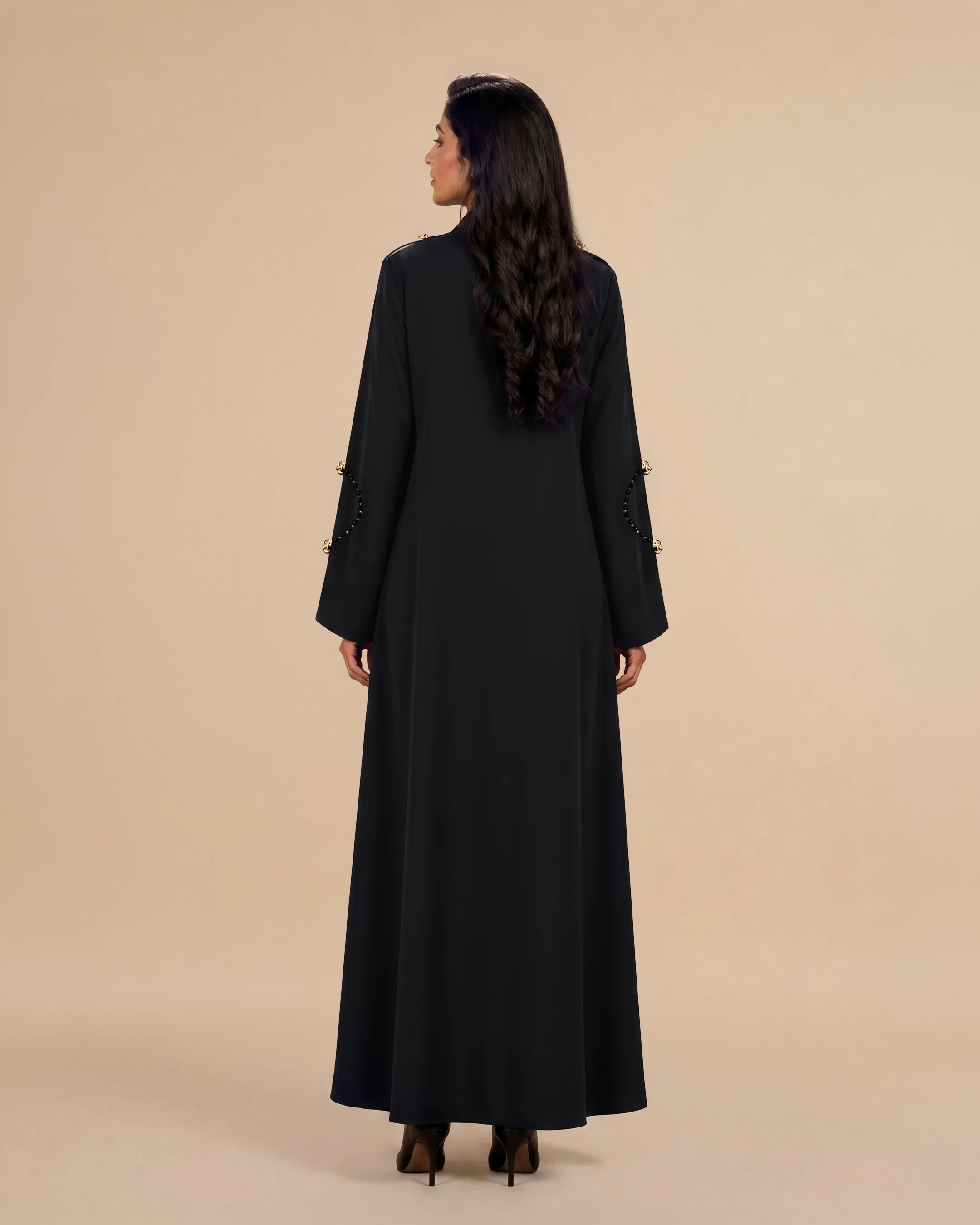 Marylebone Abaya luxury abaya in Black, back view. Bint Saeed Abu Dhabi, UAE.