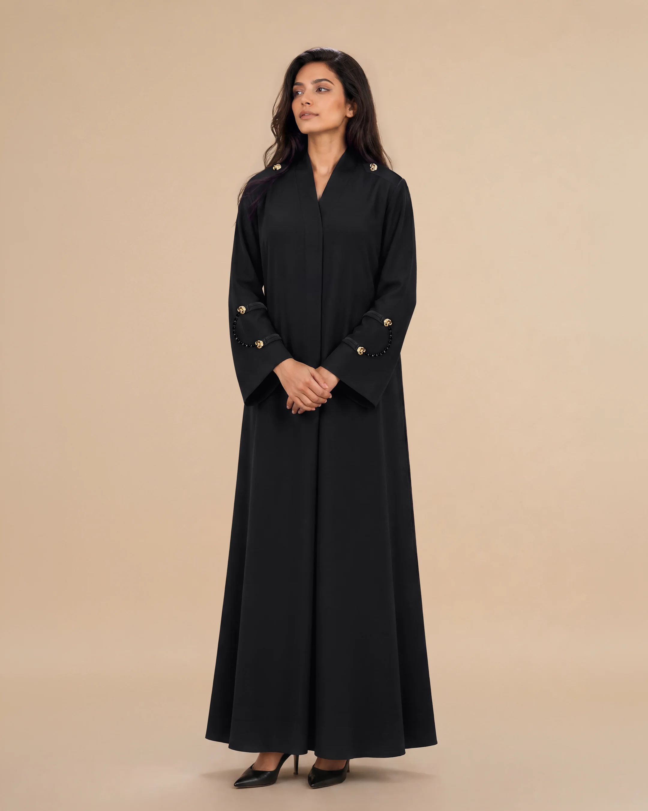 Marylebone Abaya luxury abaya in Black, front view. Bint Saeed Abu Dhabi, UAE.