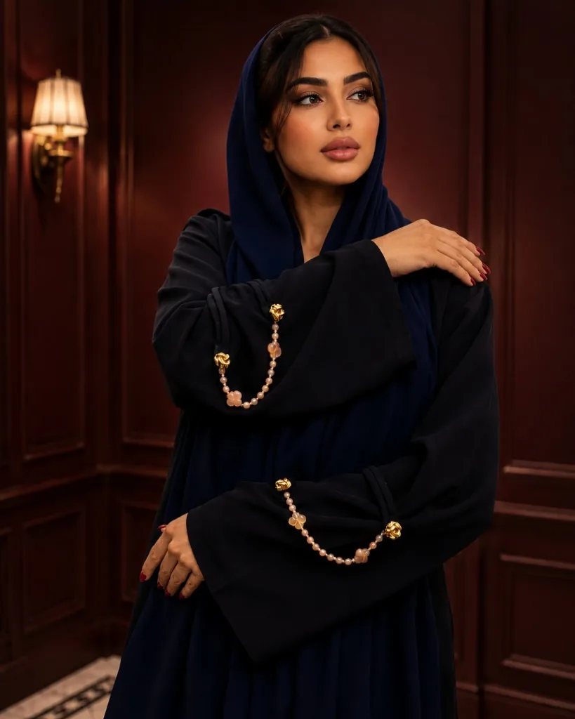 Lifestyle-портрет абайи Bint Saeed Marylebone тёмно-синего цвета с Sunstone Natural Stone Strand на широких рукавах — тёплые персиковые бусины солнечного камня, клеверные камни и золотистая фурнитура Signature Strand на изящной дизайнерской абайе A-line со сменными украшениями из натурального камня. Люксовая дизайнерская абайя с украшениями из натурального камня от Bint Saeed Абу-Даби, ОАЭ — изящная абайя A-line со съёмными нитями оникса и сменными Signature Strands для энтузиасток моды, редакторов моды, кураторов, аудиторий культурного наследия, дипломаток, открытий галерей и международных гардеробов в Лондоне, Париже, Эр-Рияде, Дохе и по всему миру. Сделано в Абу-Даби. Доставка по всему миру. Bint Saeed Абу-Даби, Объединённые Арабские Эмираты.
