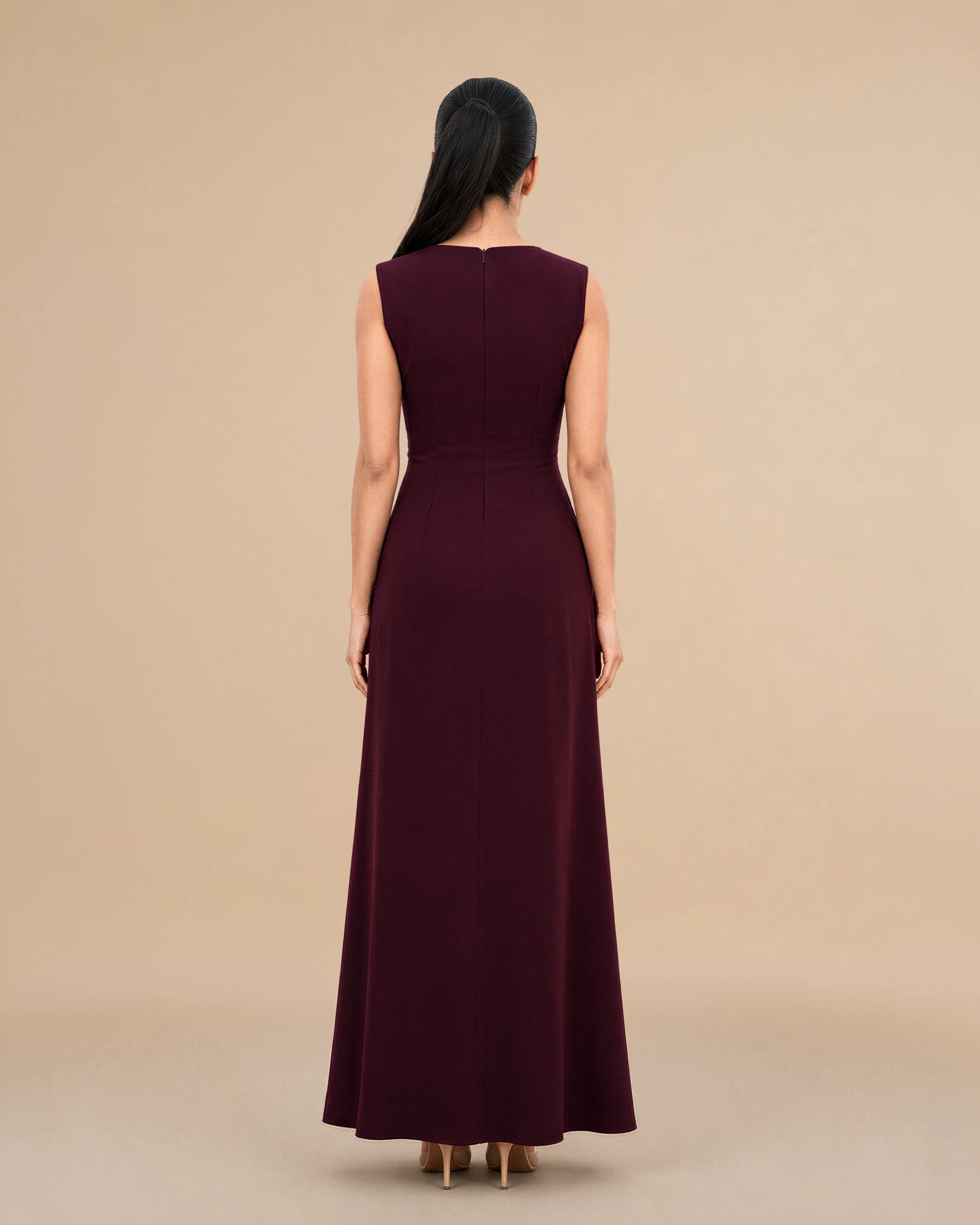 Covent Garden Long Dress luxury dress in Burgundy, back view. Bint Saeed Abu Dhabi, UAE.
