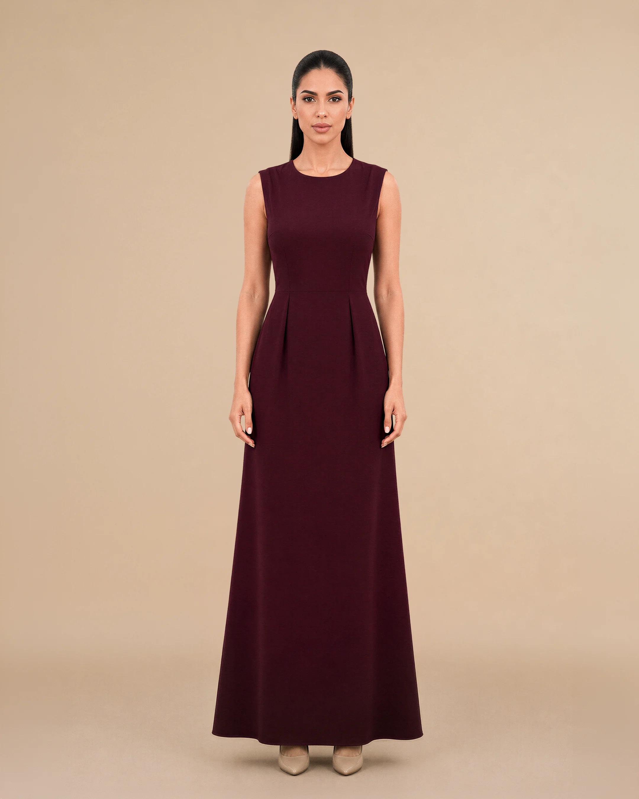 Covent Garden Long Dress luxury dress in Burgundy, front view. Bint Saeed Abu Dhabi, UAE.