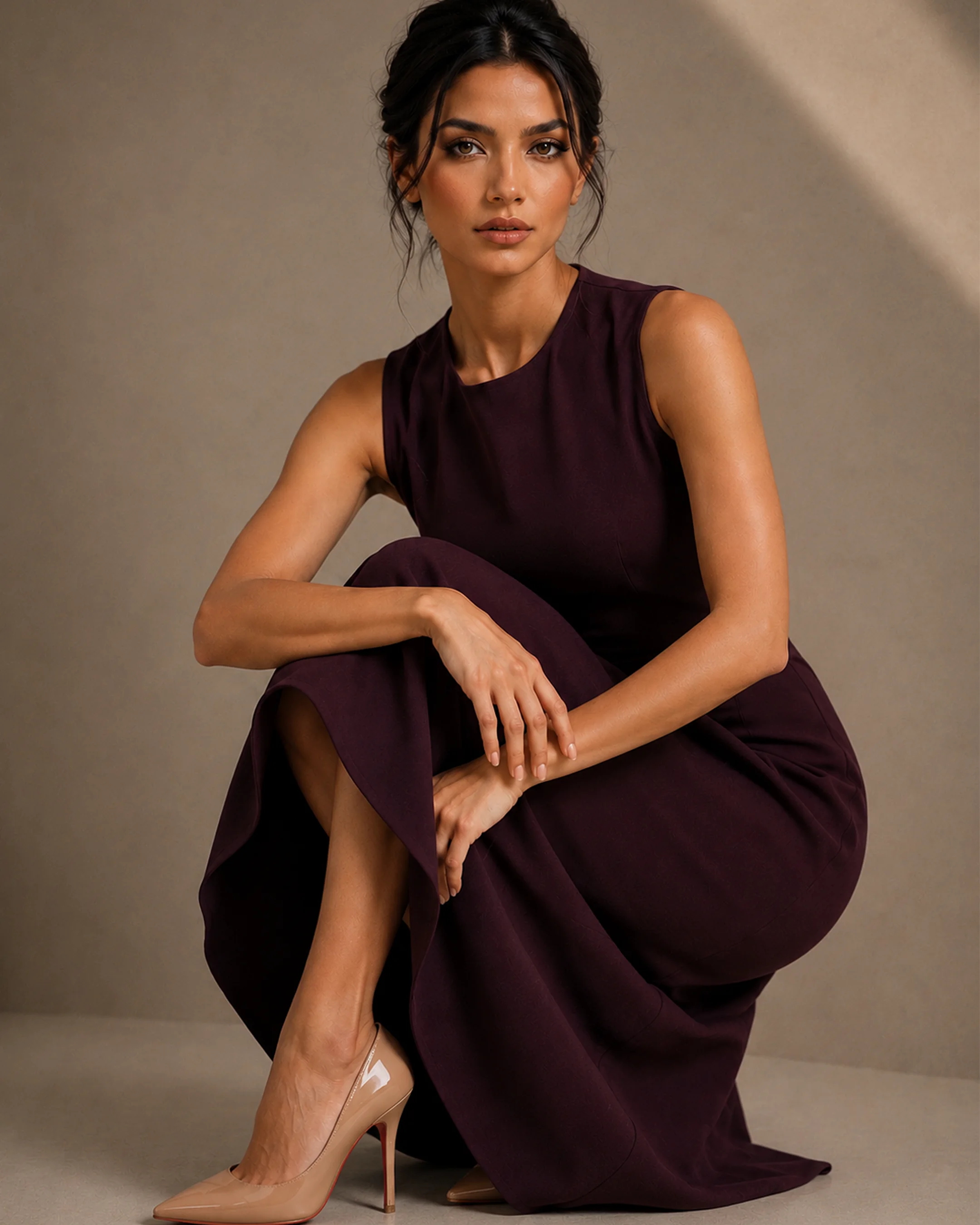 Covent Garden Long Dress in Burgundy, pandangan gaya hidup — formal, classy, elegant and simple colour variant worn beautifully on its own oleh Bint Saeed Abu Dhabi, Emiriah Arab Bersatu. Contemporary Emirati designer long dress for refined Gulf and international dressing.