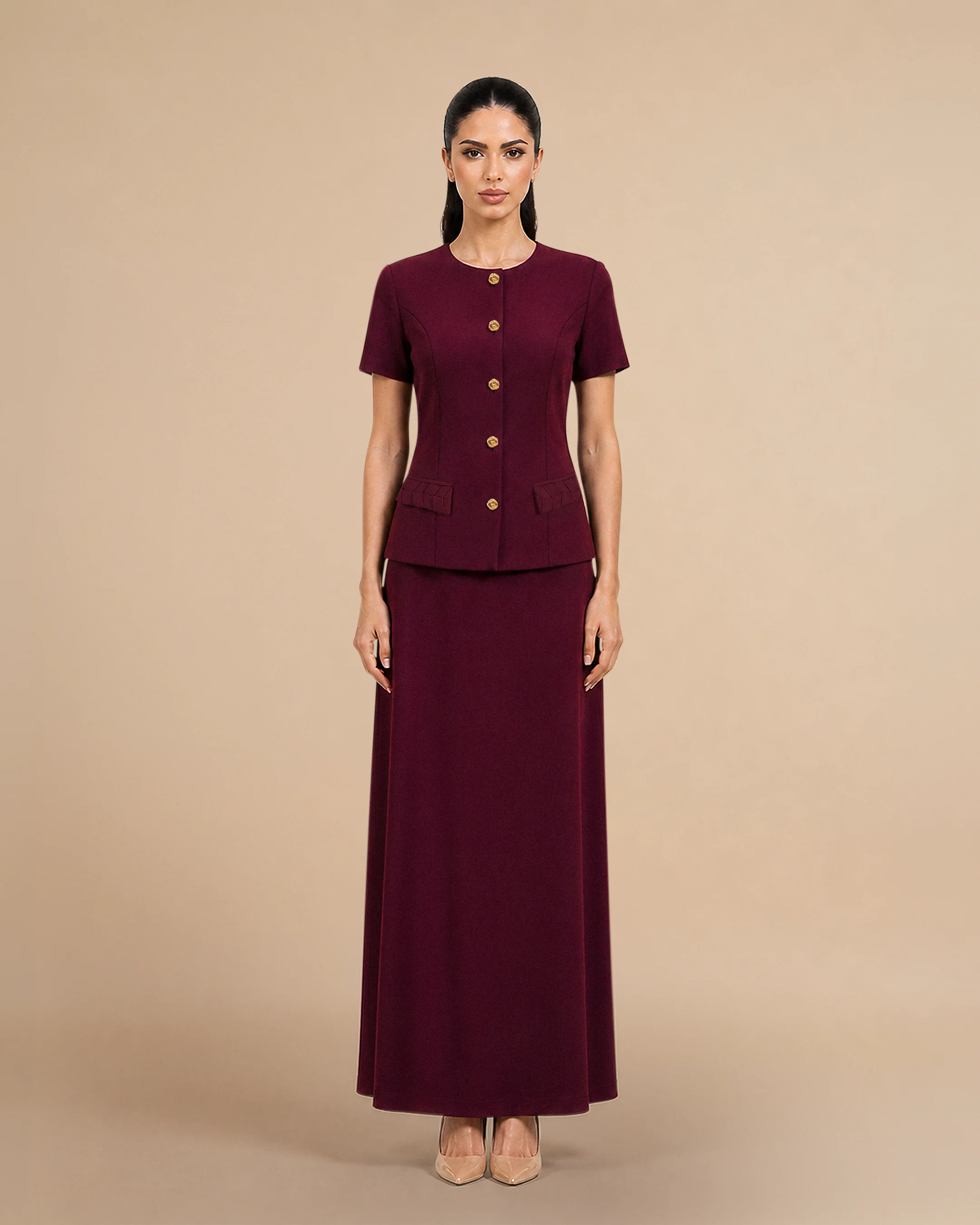 Covent Garden Signature Set luxury set in Burgundy, front view. Bint Saeed Abu Dhabi, UAE.