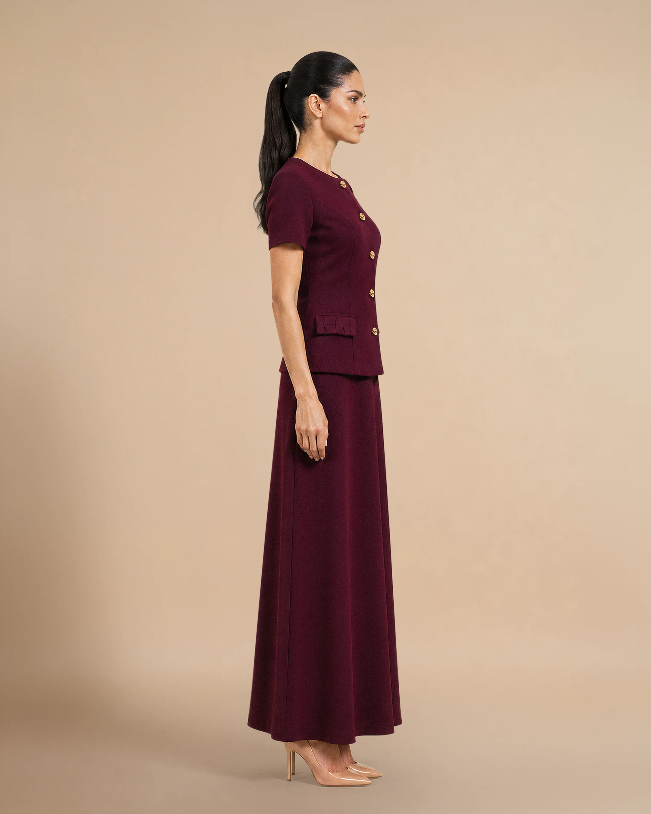 Covent Garden Signature Set luxury set in Burgundy, side view. Bint Saeed Abu Dhabi, UAE.
