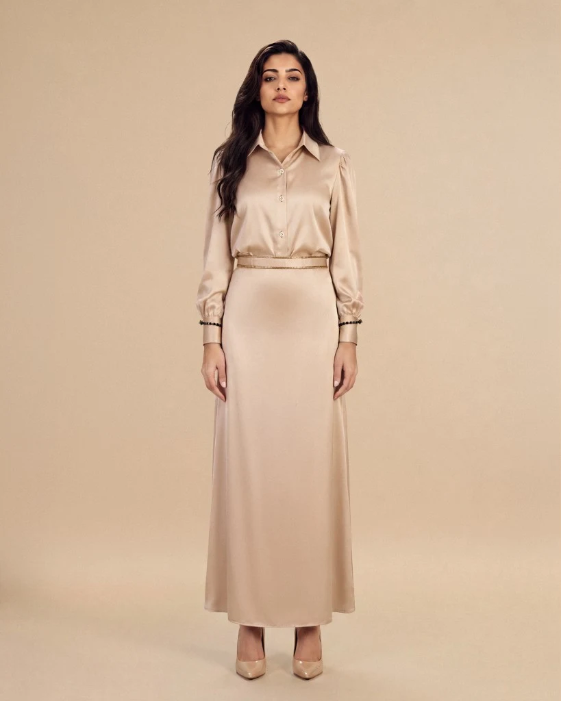 Bint Saeed Grosvenor Set Champagne Cream, tampak depan. Set malam satin koordinat dengan blus halus dan rok maxi pinggang tinggi, trim emas dan kancing Knotted Line di manset. Busana modest formal dari Abu Dhabi ke dunia. Dibuat di Abu Dhabi, UEA. Pengiriman dunia. Bint Saeed Abu Dhabi, Uni Emirat Arab.