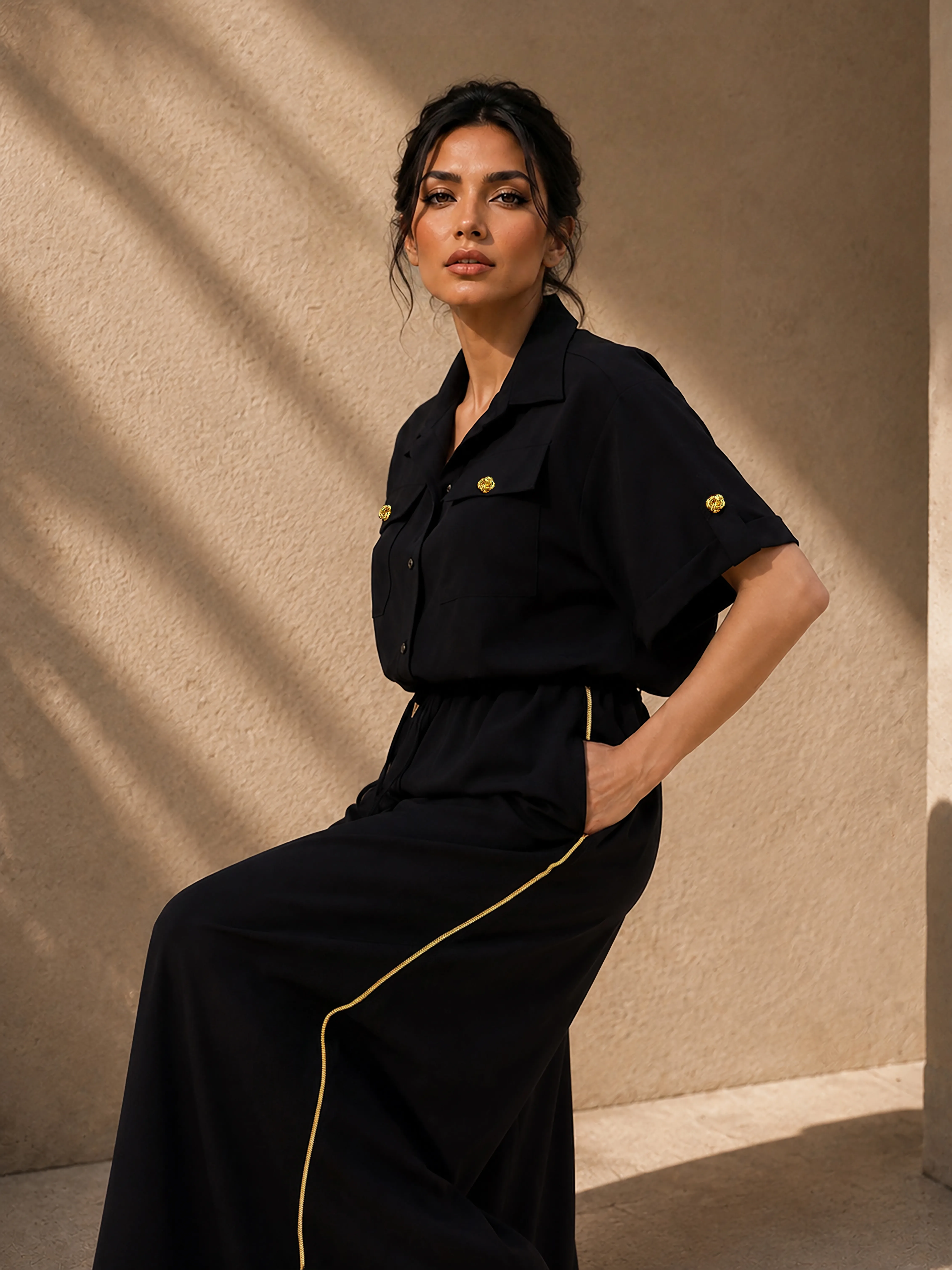 Soho Set luxury set in Black, detail view, detail of traditional Al Talli trim, Emirati heritage embroidery and Abu Dhabi culture. Bint Saeed Abu Dhabi, UAE.