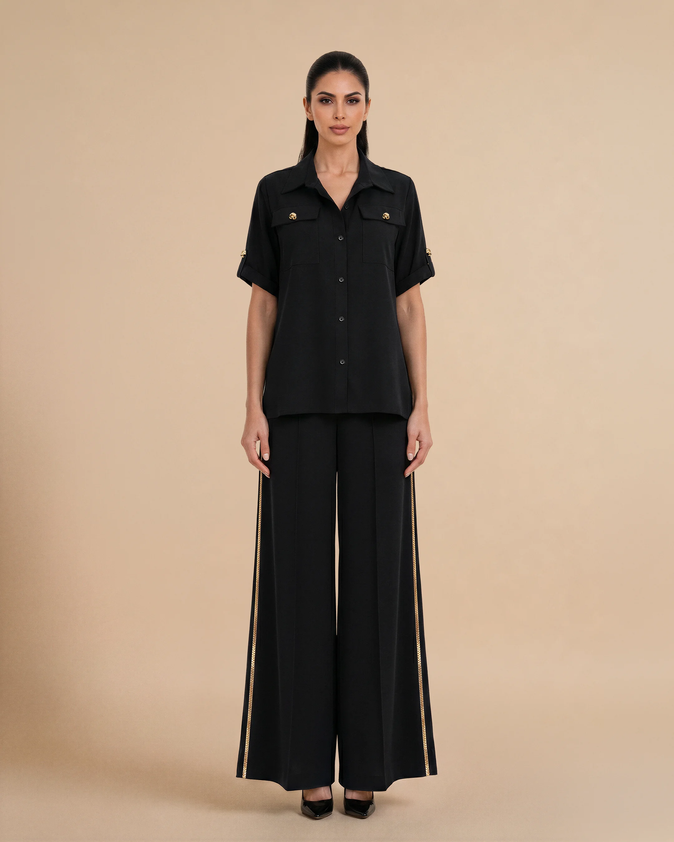 Soho Set luxury set in Black, front view, traditional Al Talli trim celebrating Emirati heritage and Abu Dhabi culture. Bint Saeed Abu Dhabi, UAE.