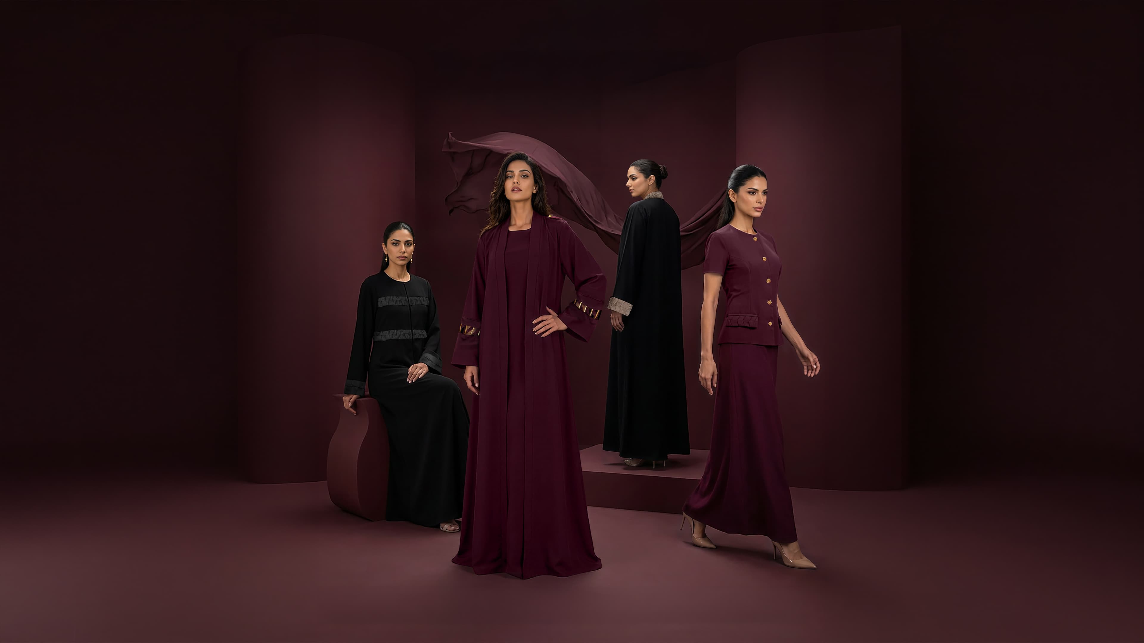 Bint Saeed luxury abayas, editorial photograph. Bint Saeed Abu Dhabi, UAE.