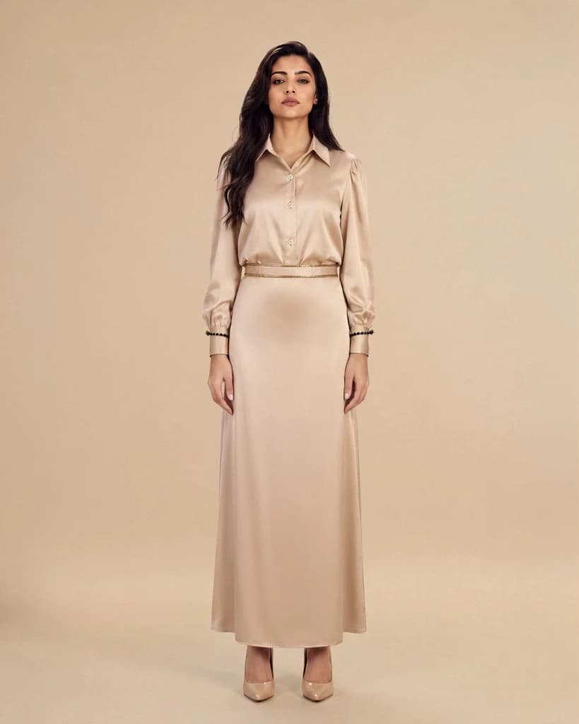 Bint Saeed Grosvenor Set Champagne Cream, tampak depan. Set malam satin koordinat dengan blus halus dan rok maxi pinggang tinggi, trim emas dan kancing Knotted Line di manset. Busana modest formal dari Abu Dhabi ke dunia. Dibuat di Abu Dhabi, UEA. Pengiriman dunia. Bint Saeed Abu Dhabi, Uni Emirat Arab.