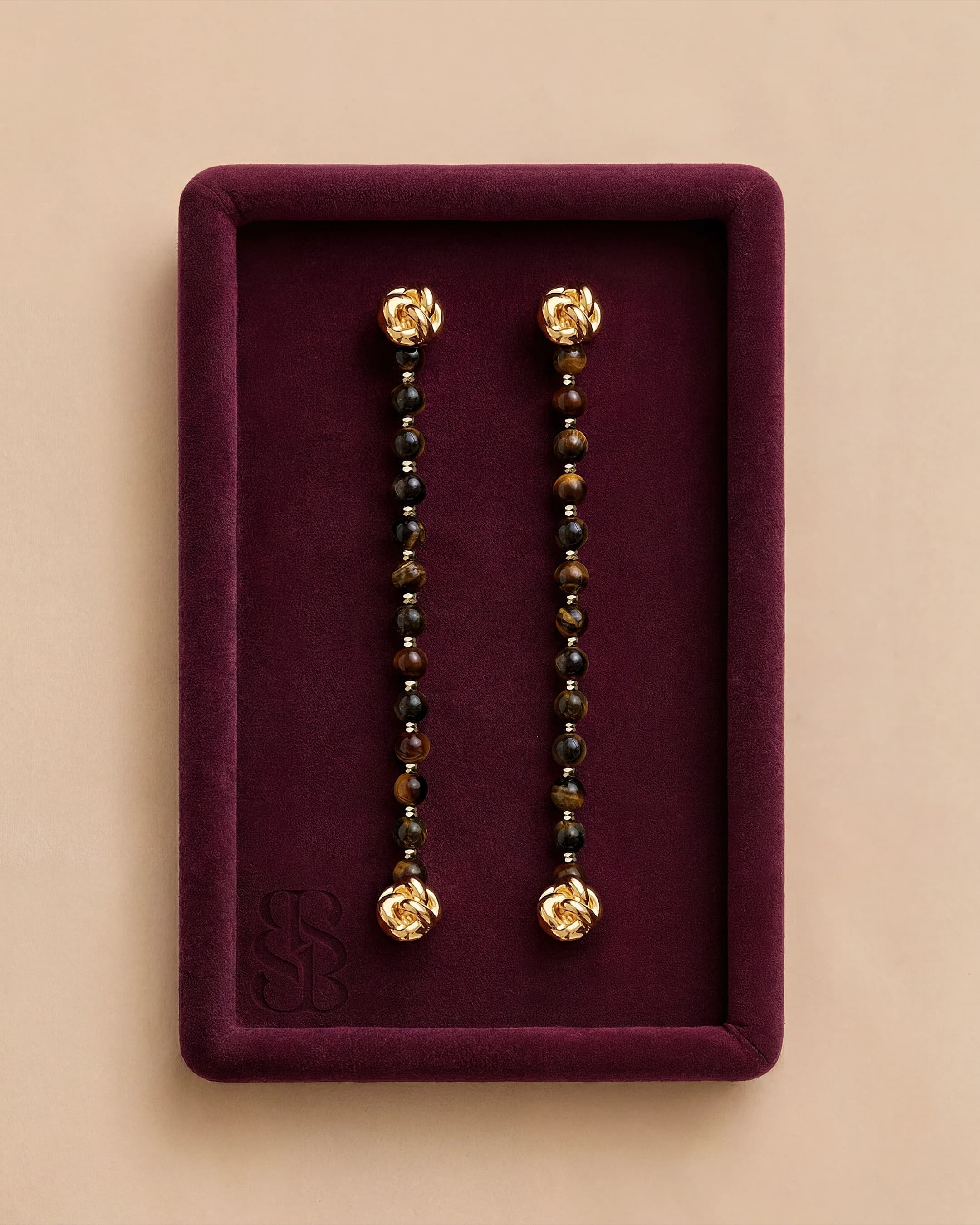 Tiger eye natural stone bead abaya strand with warm chatoyant beads — pairs with Al Ain Oasis Necklace - Tiger Eye and Al Ain Oasis Earrings - Orange Jade. Bint Saeed Abu Dhabi, United Arab Emirates.