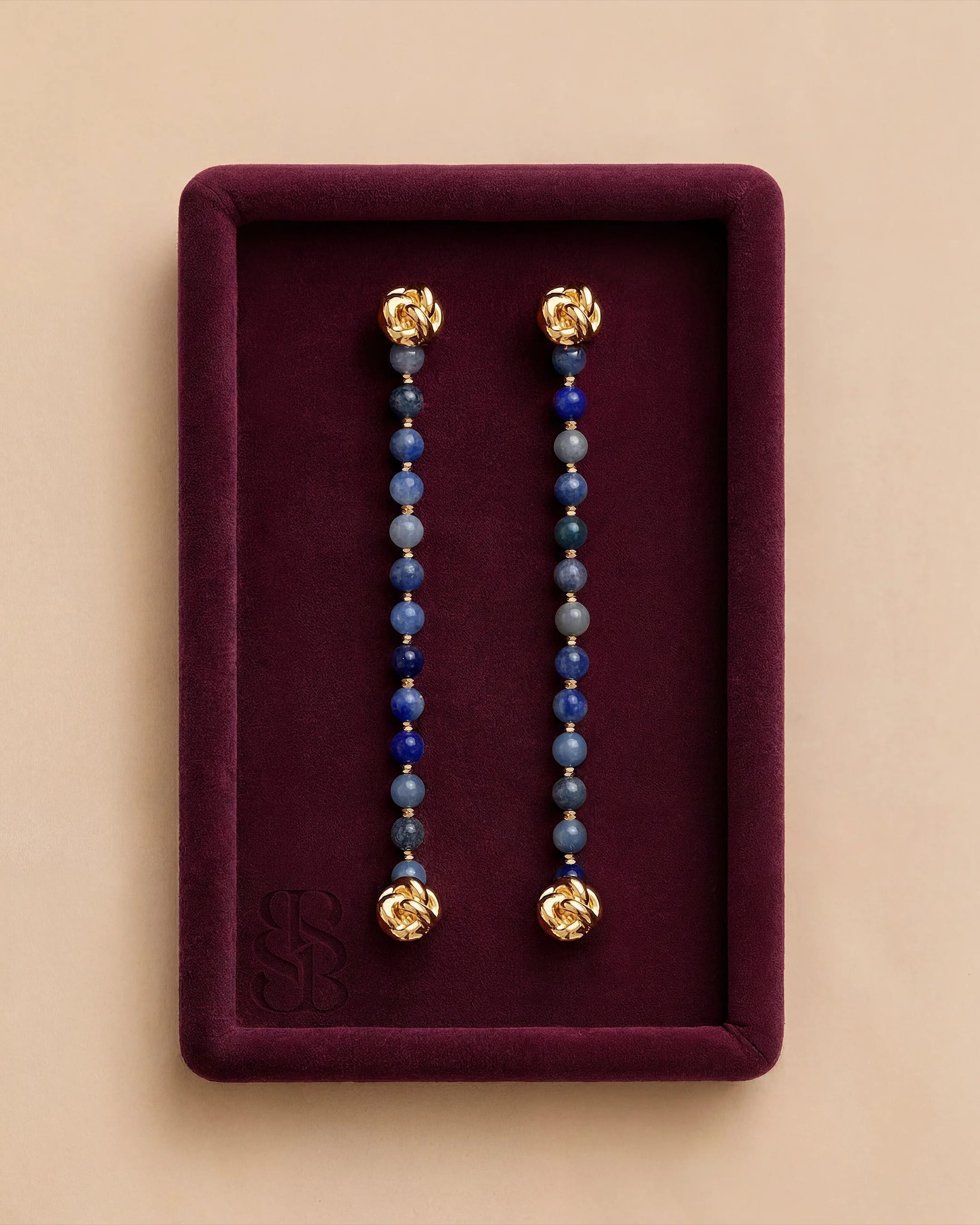 Blue aventurine natural stone bead abaya strand, cool blue aventurine with subtle shimmer and 18K gold clip — pairs with Al Ain Oasis Necklace - Lapis Lazuli. Bint Saeed Abu Dhabi, United Arab Emirates.
