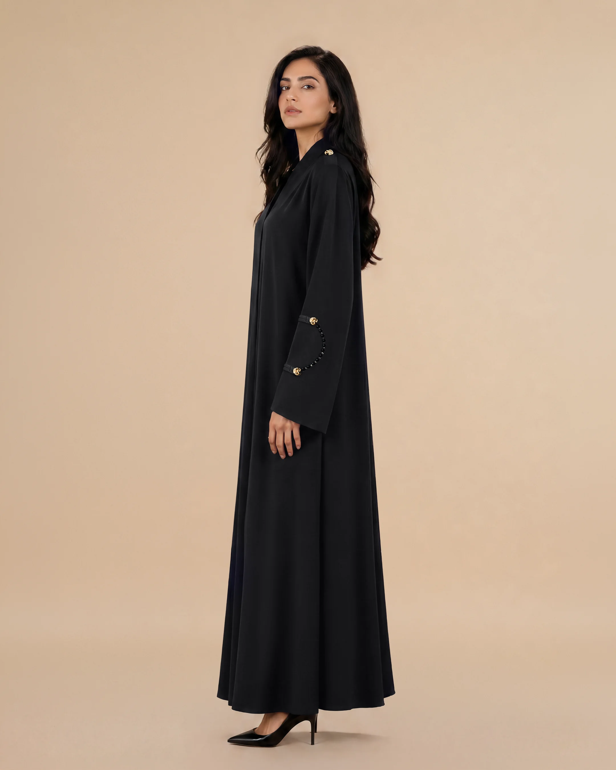 Marylebone Abaya luxury abaya in Black, side view. Bint Saeed Abu Dhabi, UAE.