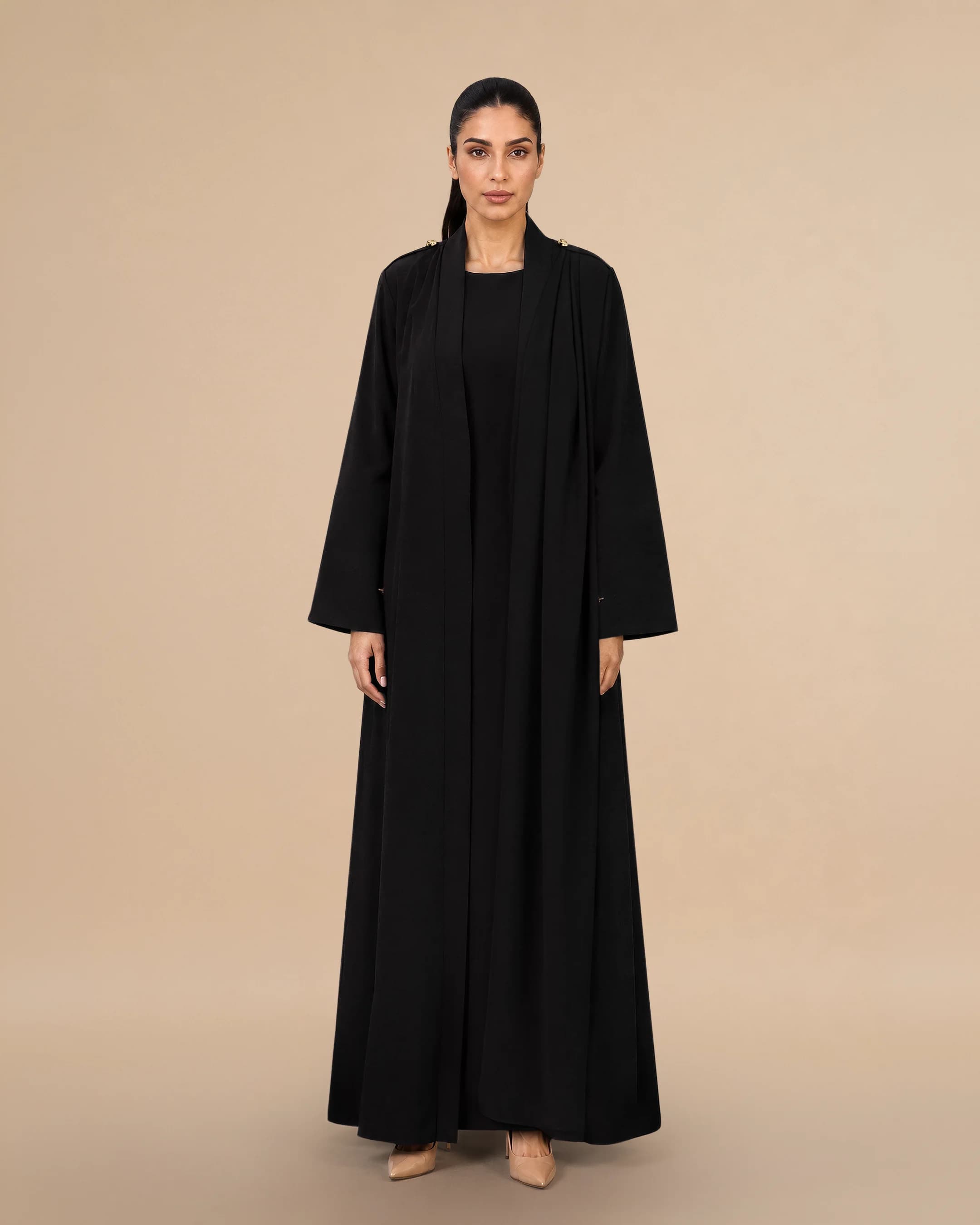 Park Lane Abaya luxury abaya in Black, front view. Bint Saeed Abu Dhabi, UAE.