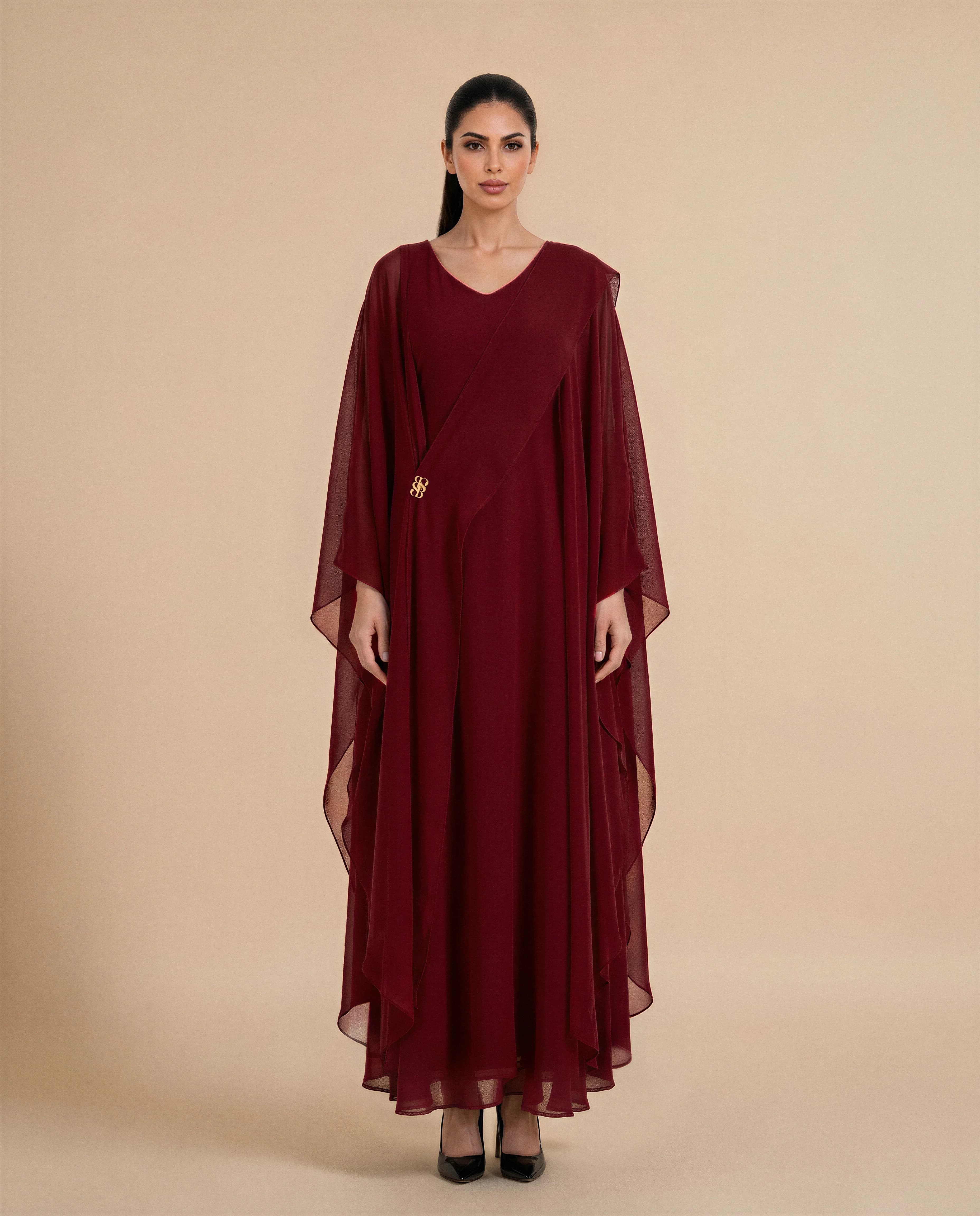Mayfair Kaftan luxury kaftan in Dark Maroon, front view. Bint Saeed Abu Dhabi, UAE.