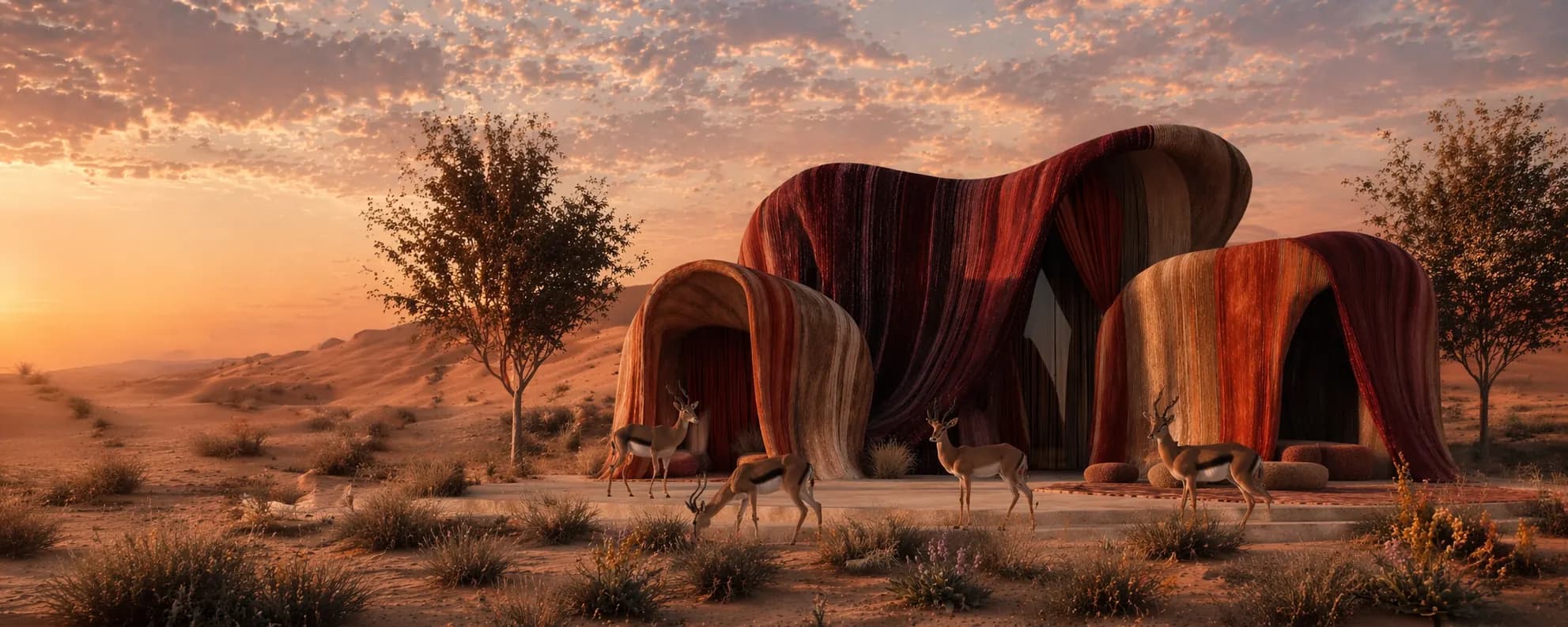 Bint Saeed campaign panorama — Abu Dhabi gazelles. Bint Saeed Abu Dhabi, Emiriah Arab Bersatu.