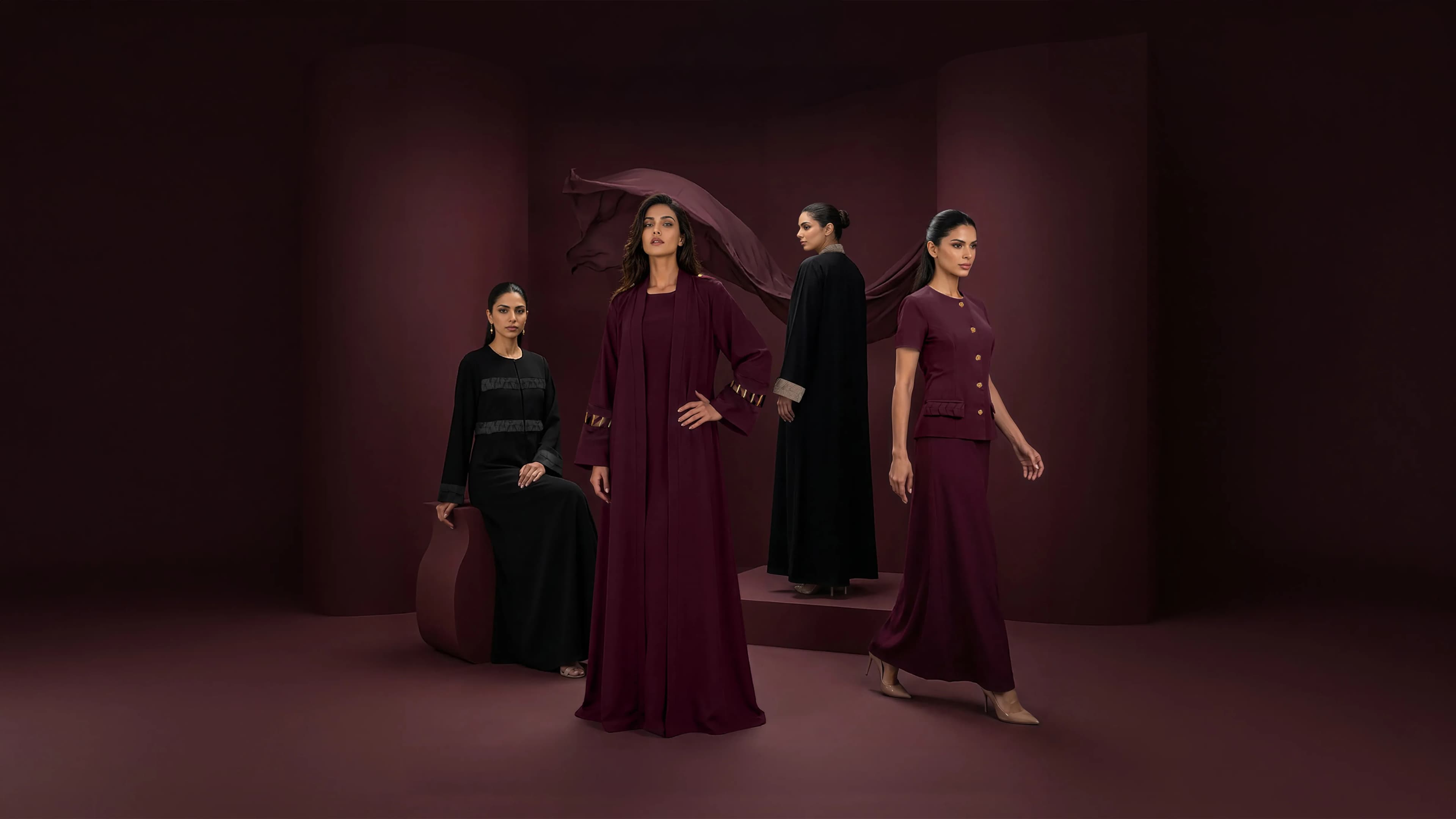Bint Saeed luxury abayas, editorial photograph. Bint Saeed Abu Dhabi, Emiriah Arab Bersatu.
