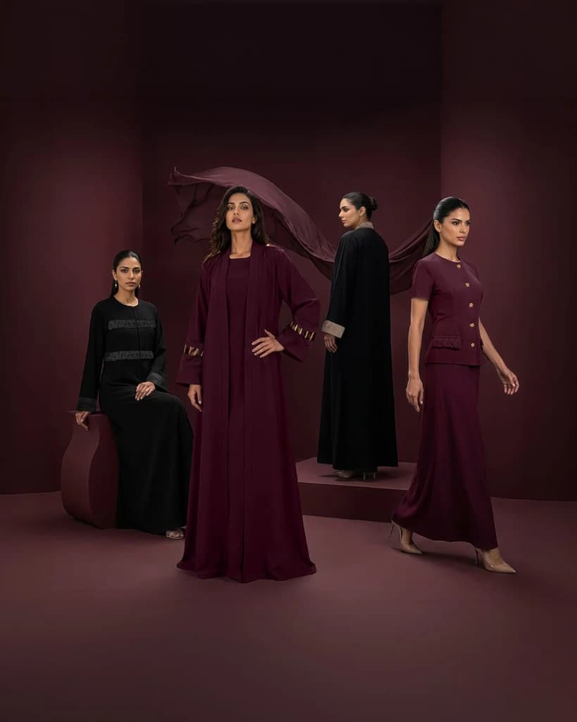 Bint Saeed luxury abayas in burgundy and black, editorial group photograph. Bint Saeed Abu Dhabi, Emiriah Arab Bersatu.